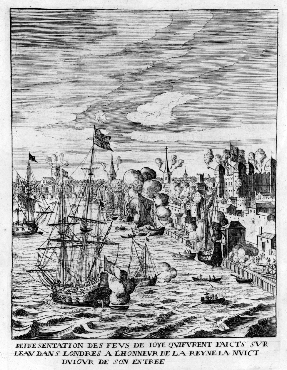 Fuegos encendidos en la Torre de Londres y disparos de cañón en honor a la llegada de la Reina María de Médici, ilustración de 