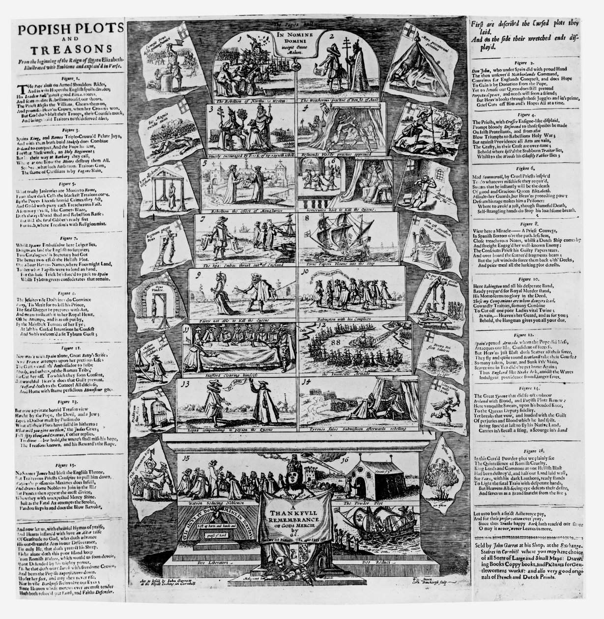 Conspiraciones y traiciones papistas desde el comienzo del reinado de la Reina Isabel, ilustrado con emblemas y explicado en verso, grabado por Cornelis Danckerts (c.1603-56) de English School