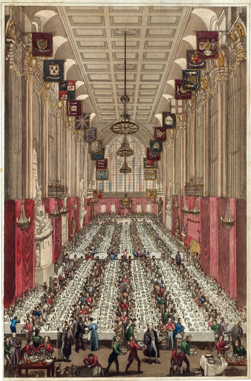 Representación del interior del Guildhall con motivo de la visita del Rey y la Reina, en la Cena de Inauguración de Ald. Key a la Alcaldía de Londres, 9 de noviembre de 1830 de English School