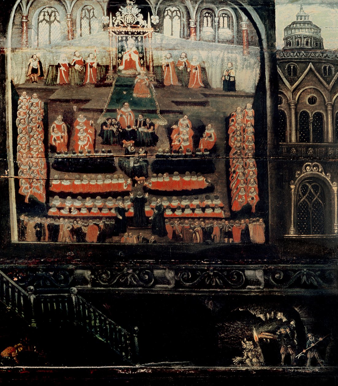 Lado derecho del díptico que muestra el Parlamento de Jacobo I de Inglaterra, VI de Escocia (1566-1625) y la Conspiración de la Pólvora, detalle de los conspiradores de la pólvora en la esquina inferior derecha de English School