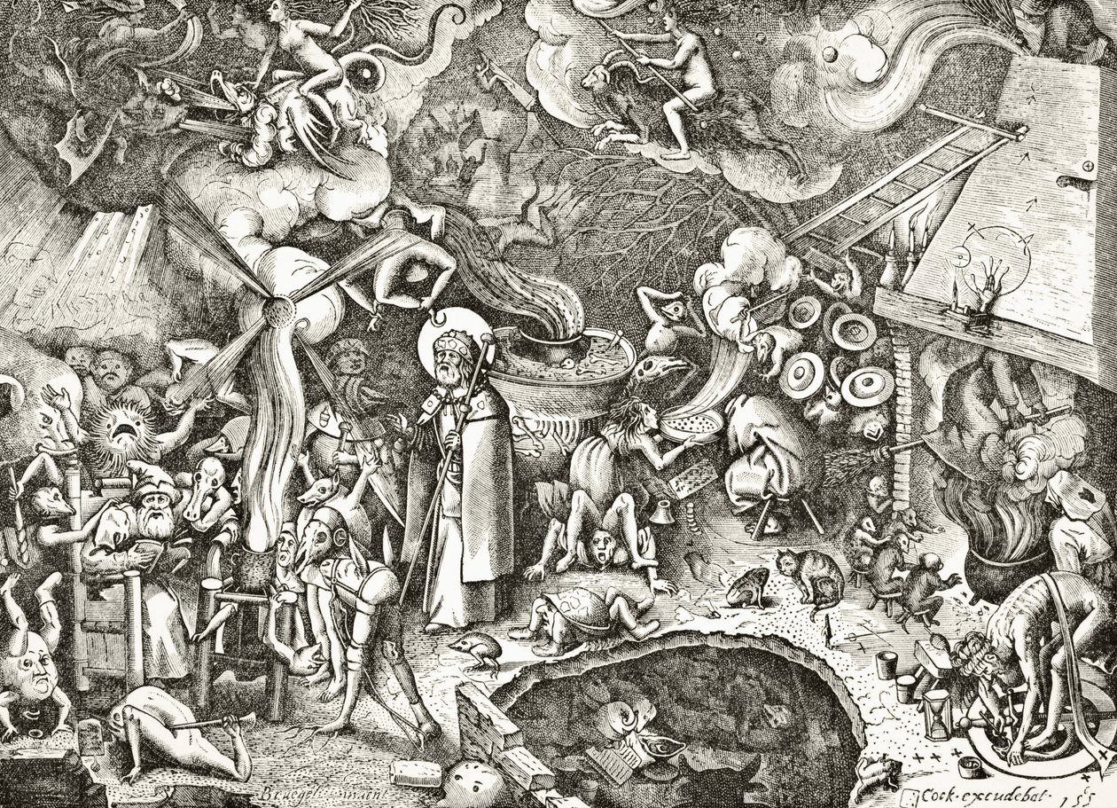 Santiago el Mayor combatiendo los encantamientos diabólicos de un mago, grabado en el siglo XVI después de una composición de Brueghel el Viejo, de 