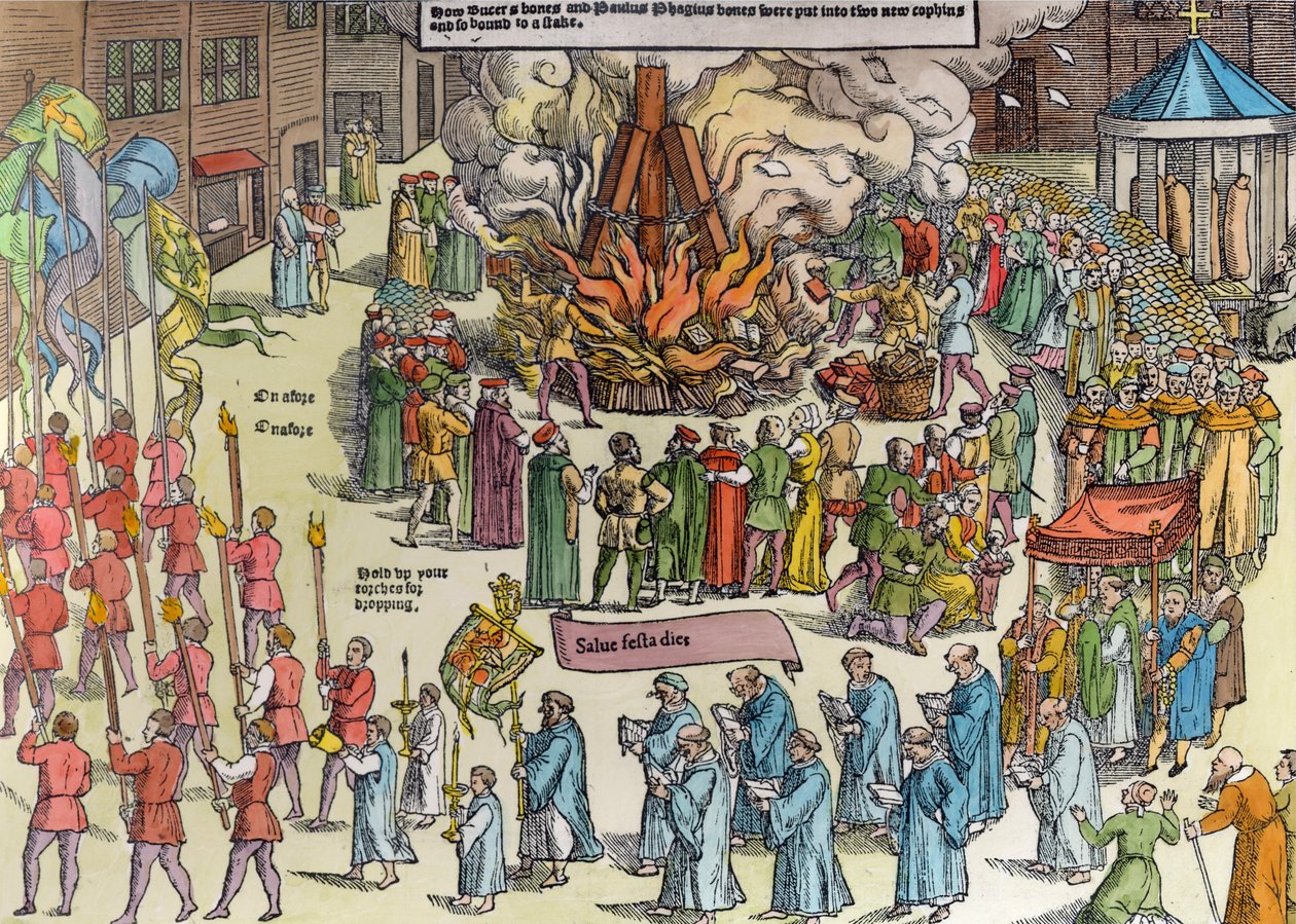 La quema de los restos de Martin Bucer (1491-1551) y Paul Fagius (1504-49) en Market Hill en Cambridge en 1557, de 