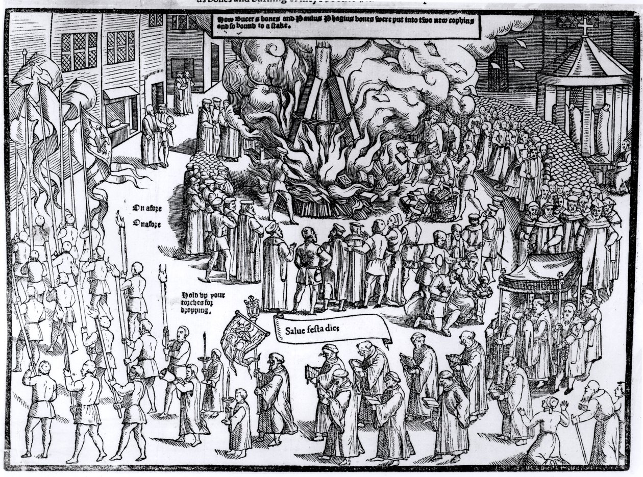 La quema de los restos de Martin Bucer (1491-1551) y Paul Fagius (1504-49) en Market Hill en Cambridge en 1557, de 
