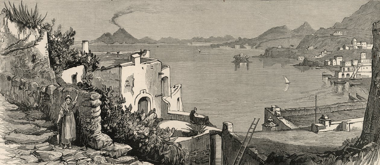 El desastroso terremoto en Ischia: La playa y la ciudad de Casamicciola desde el pueblo de Lacco, de 