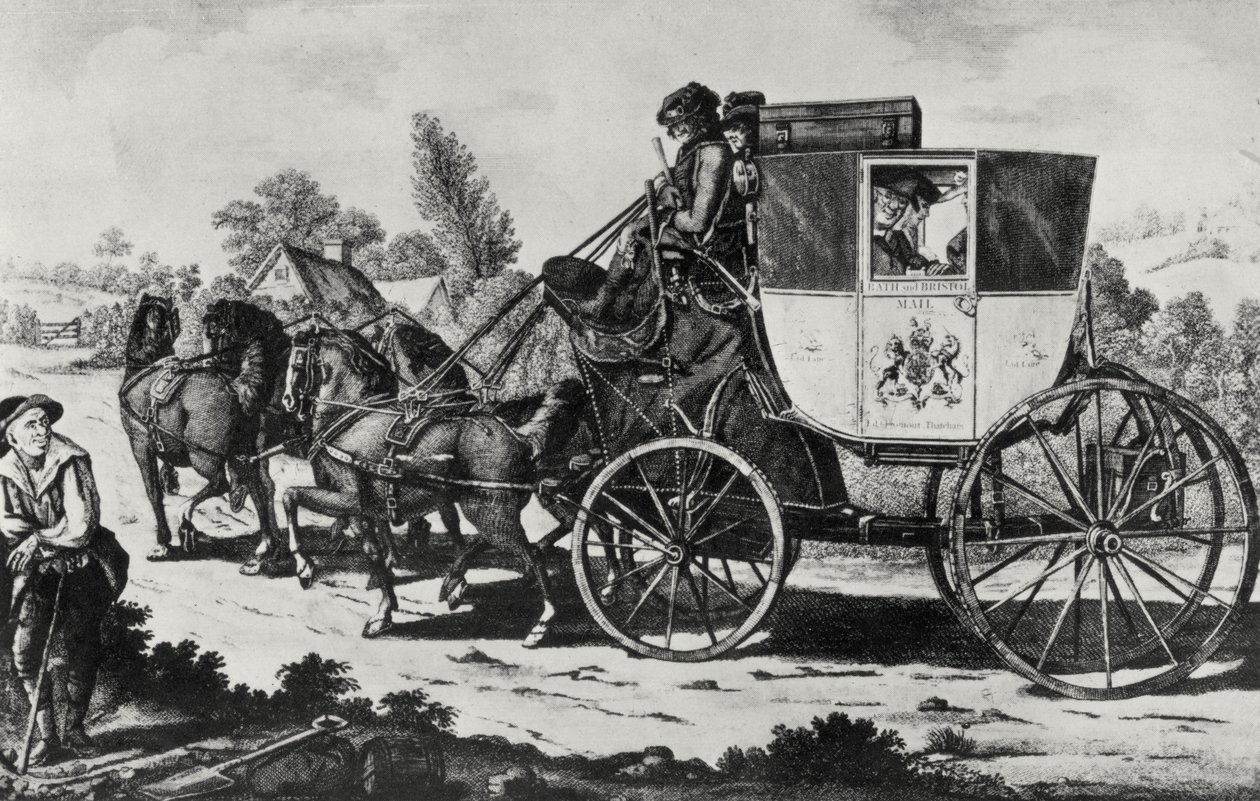 El primer coche de correos, 1784 (grabado) de English School