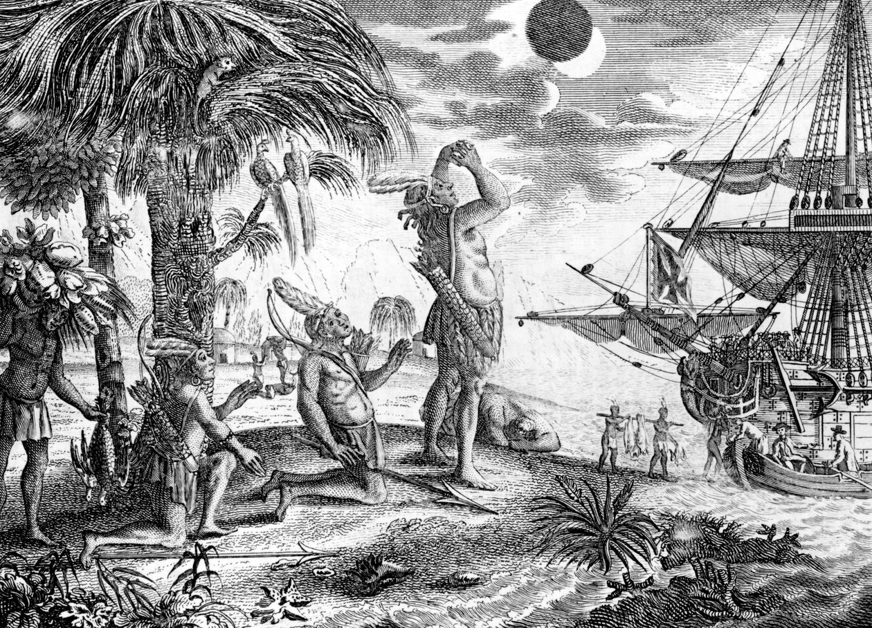Los Indios asombrados por el eclipse de la luna predicho por Colón, ilustración de 