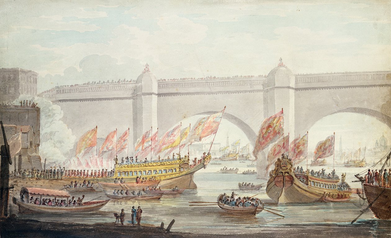 El Alcalde desembarcando en Westminster, con una vista del puente, 1840 de English School
