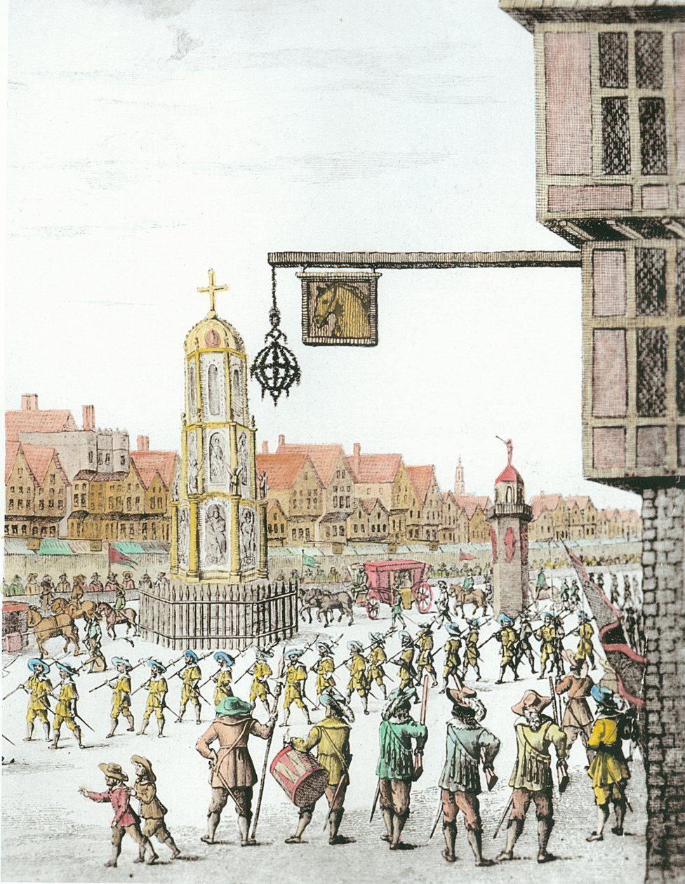 La procesión de María de Médici a lo largo de Cheapside, 1638, publicada por William Herbert (1771-1851) y Robert Wilkinson (fl.1785-1825) 1809 (detalle) (coloración posterior) de English School