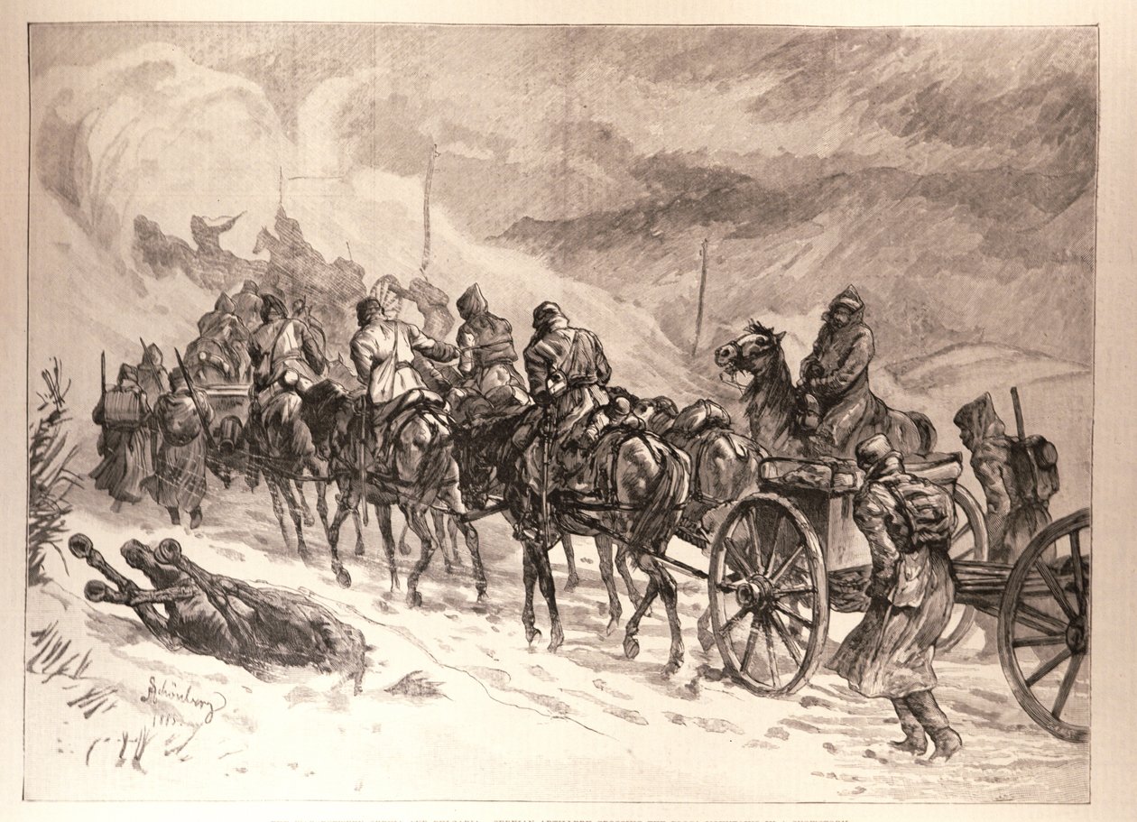 La guerra entre Serbia y Bulgaria: Artillería serbia cruzando las montañas Ploca en una tormenta de nieve, de un boceto de J. Schonberg, de 