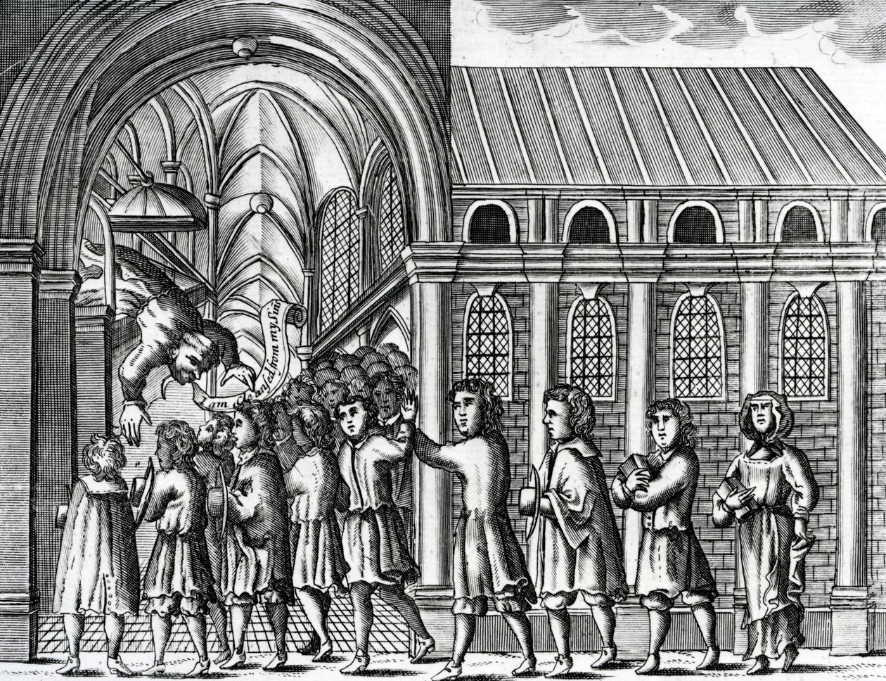 La descripción de un sacerdote papista que, cuando quitó la gloria y el oficio de Cristo, cayó repentinamente y murió, ilustración del 