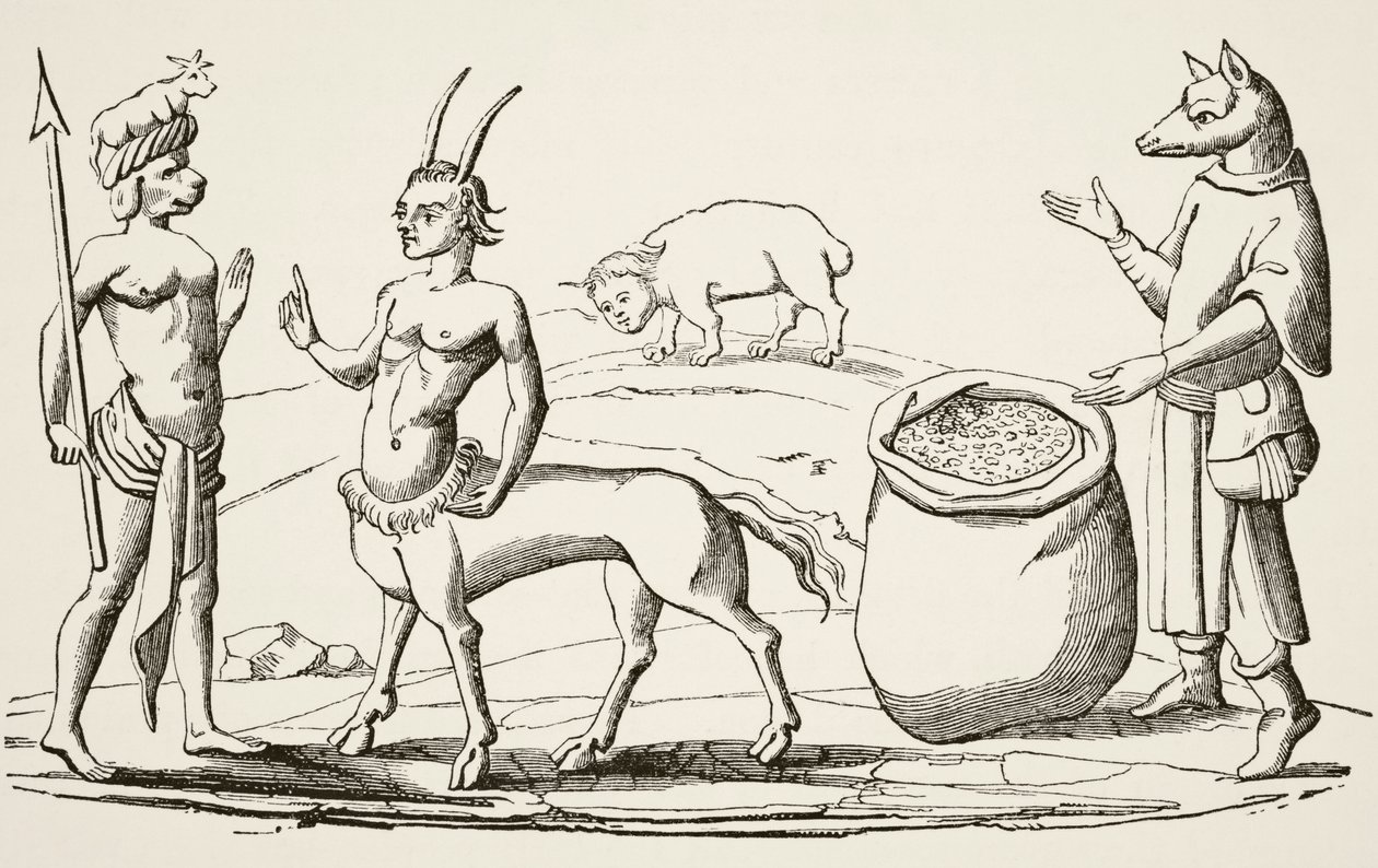 El hombre-perro, el hombre-lobo, el hombre-toro y el hombre-cerdo, después de una miniatura del siglo XIV 