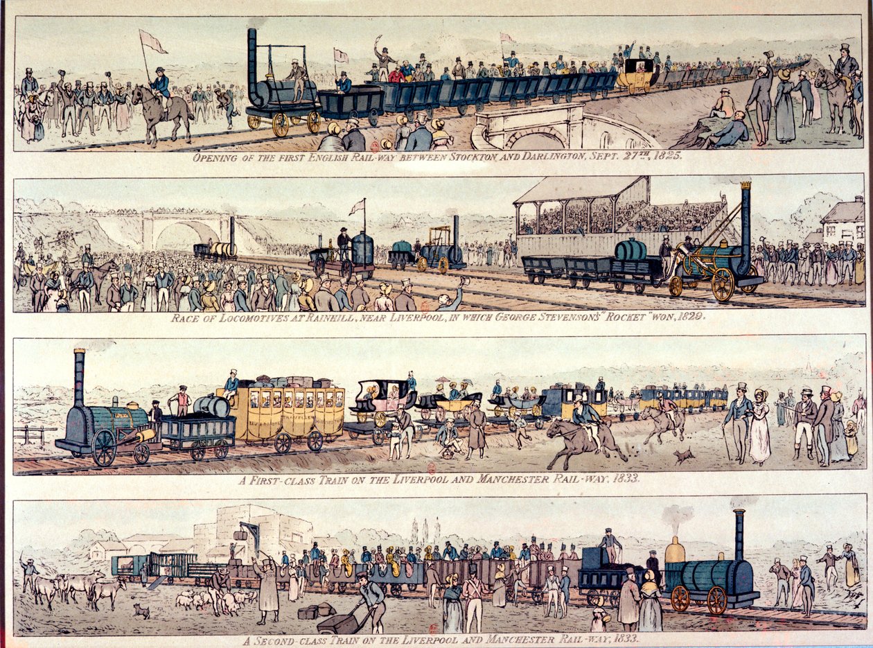 La inauguración del ferrocarril Stockton y Darlington, 1825; Carrera de locomotoras en Rainhill, cerca de Liverpool, ganada por el 