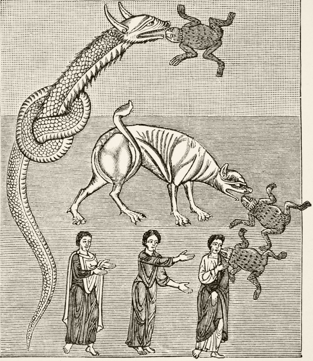 La serpiente, o el dragón, y el behemot, o el diablo, después de una miniatura en un manuscrito del siglo XII del 