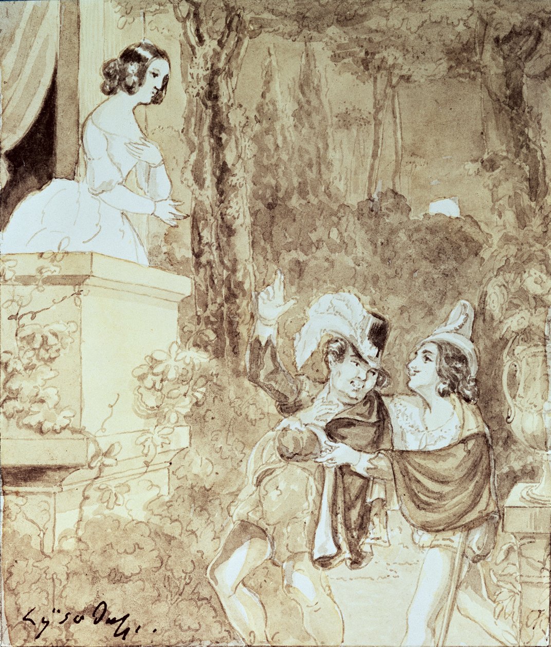 Leporello serenando a Elvira en el disfraz de Don Giovanni (Don Juan) que está detrás de él, Acto II escena I, de 