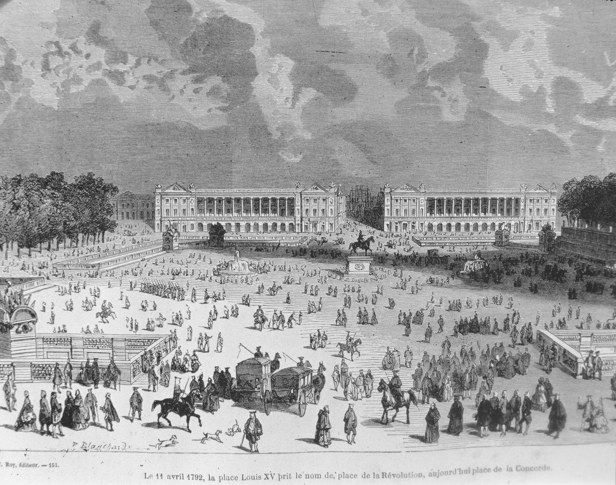 El 11 de abril de 1792, la Plaza Luis XV fue renombrada Plaza de la Revolución y hoy se llama Plaza de la Concordia, ilustración de 