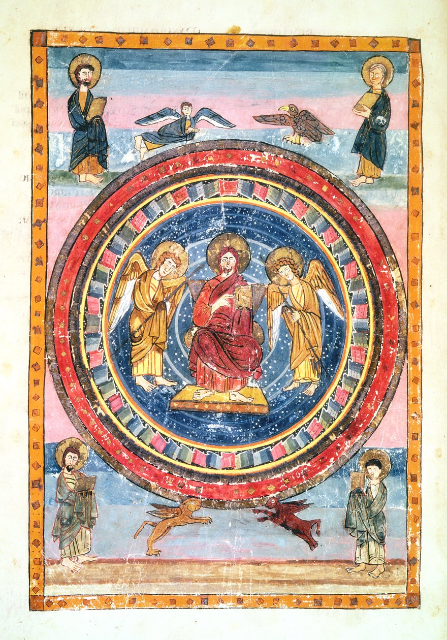 Cristo en Majestad con ángeles y los Cuatro Evangelistas, ejecutado en Jarrow, Wearmouth, principios del siglo VIII de English School
