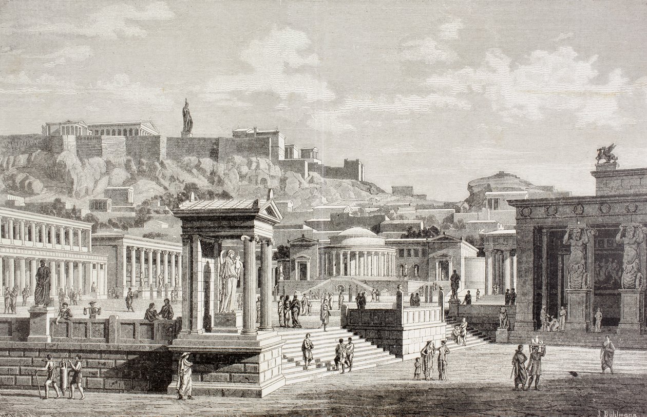 Vista imaginaria del mercado de Agora en Atenas, antigua Grecia, de 