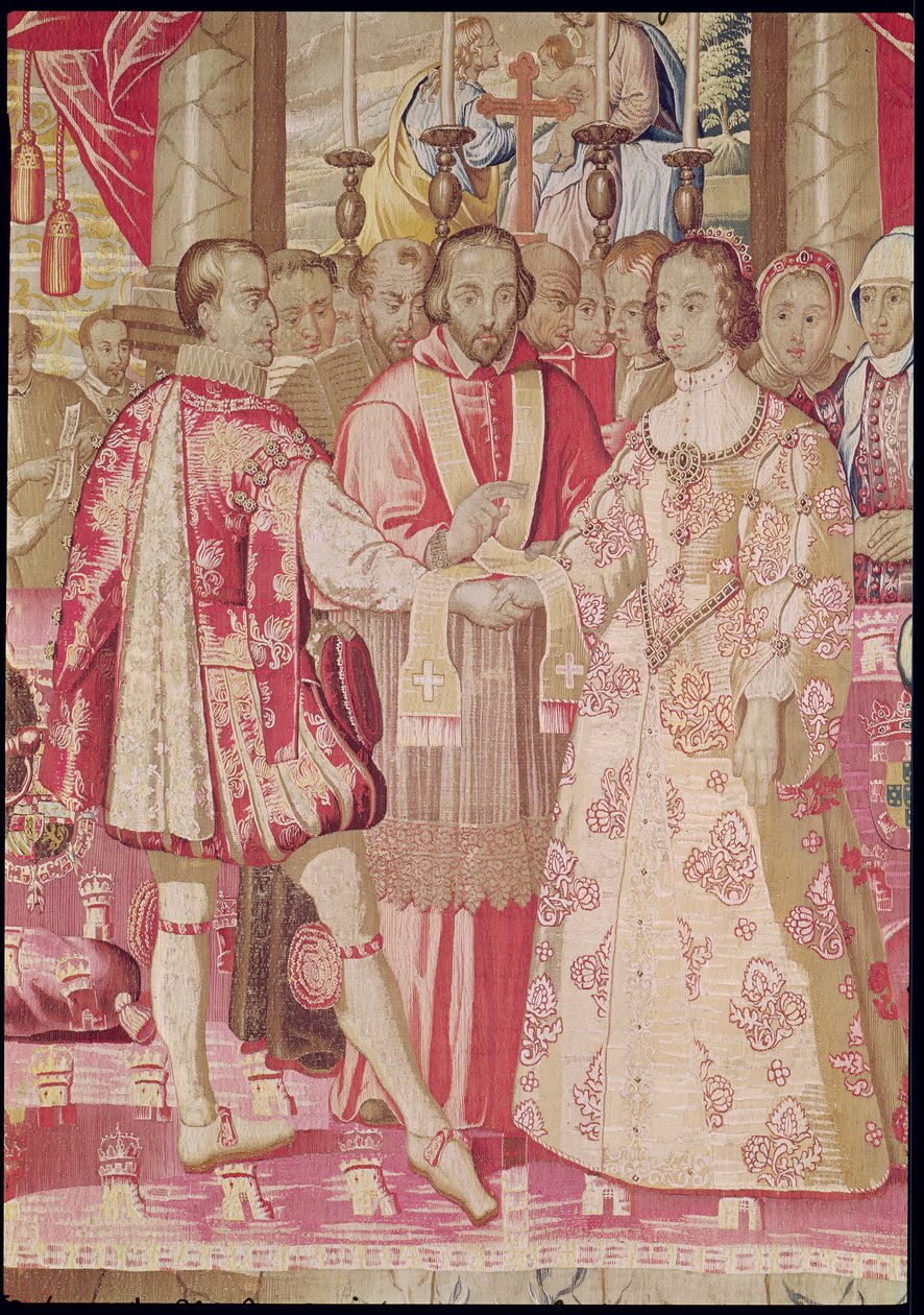 El Tapiz de Carlos V que representa el matrimonio de Carlos V (1500-58) con Isabel de Portugal (1503-39) en 1526, detalle del cardenal bendiciendo a la pareja, Brujas, c.1630-40 (detalle) de Flemish School