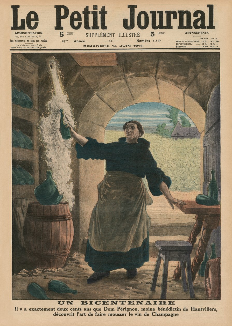 Un bicentenario, hace doscientos años precisamente, Dom Perignon, un monje benedictino de Hautvillers, descubrió el arte de hacer que el vino de Champagne chispee, ilustración de portada de 