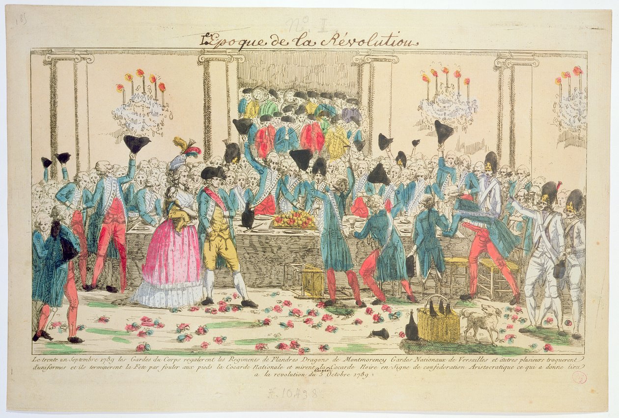 Banquete dado el 1 de octubre de 1789 en la Ópera de Versalles por los guardias del rey para dar la bienvenida a la llegada del Regimiento de Flandes para ayudar en el apoyo y protección de la familia real francesa de French School