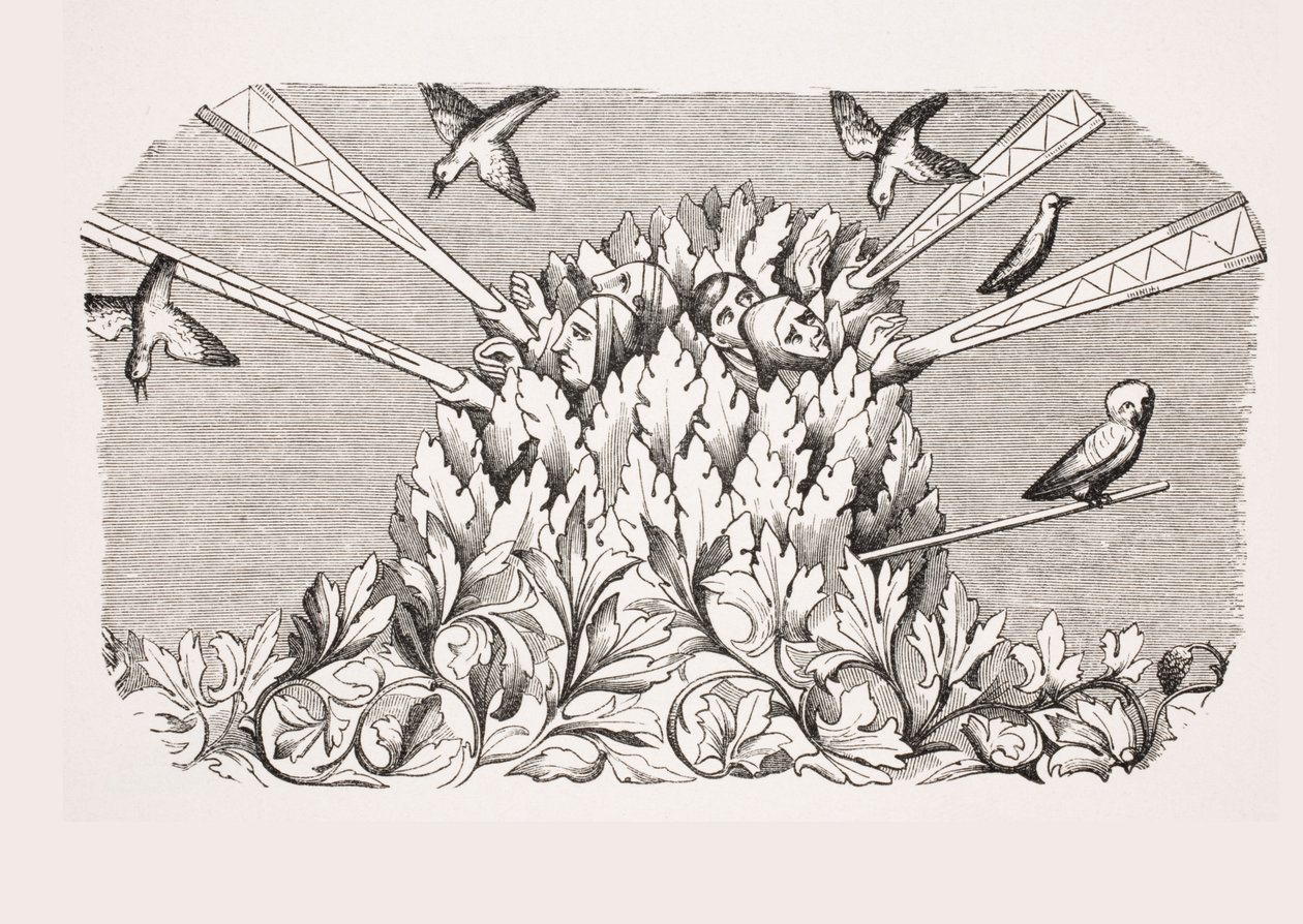 Captura de aves con brazos extensibles como máquinas, reproducción de una miniatura en el manuscrito del siglo XIV 
