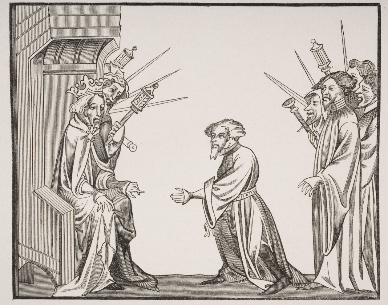 Carlomagno (747-814) Recibiendo el Juramento de Fidelidad y Honor de uno de sus grandes Feudatarios o Altos Barones, facsímil de una miniatura del siglo XIV en las 