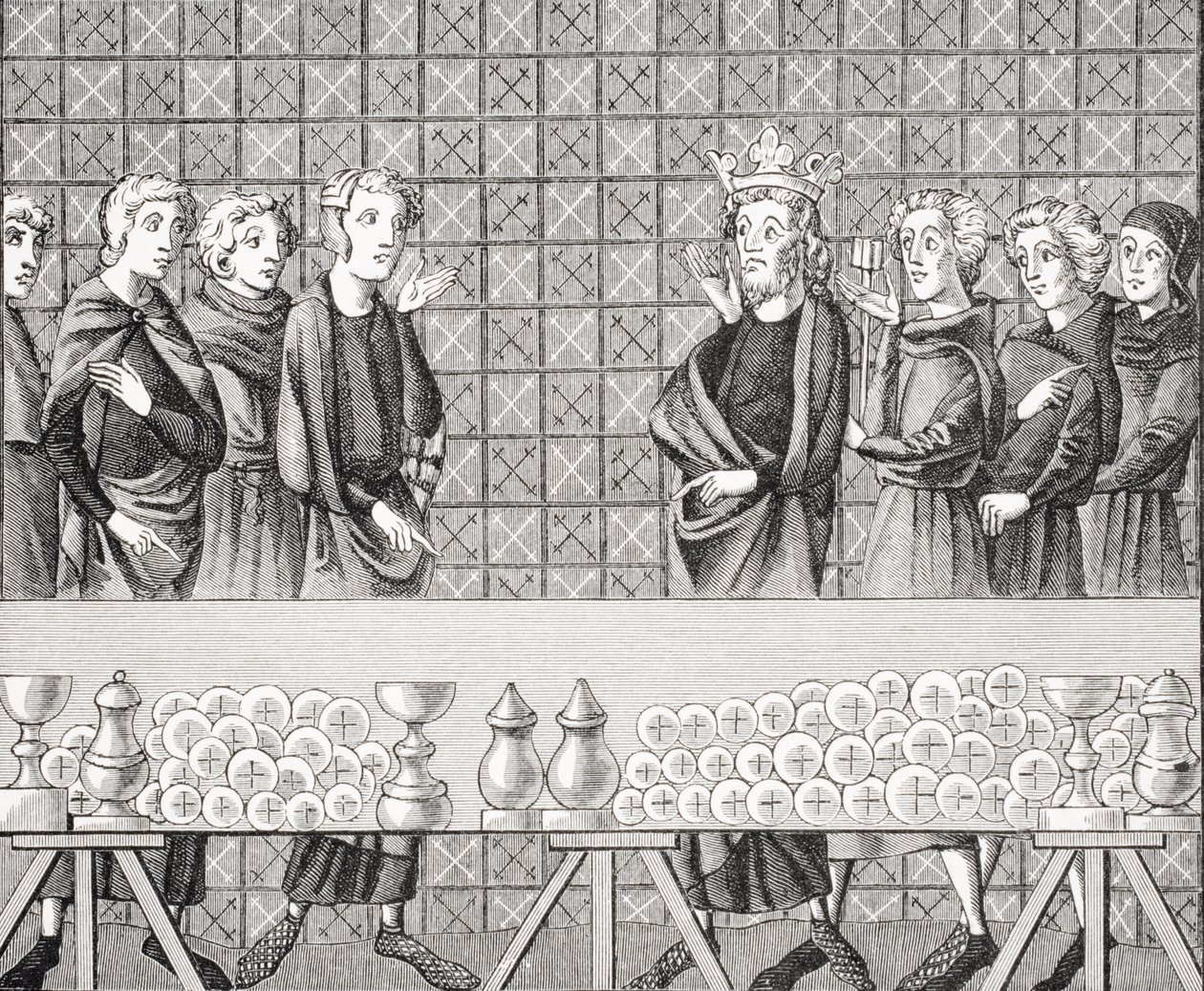 Cortesanos acumulando riquezas a expensas de los pobres, después de una miniatura en el manuscrito del siglo XIV 