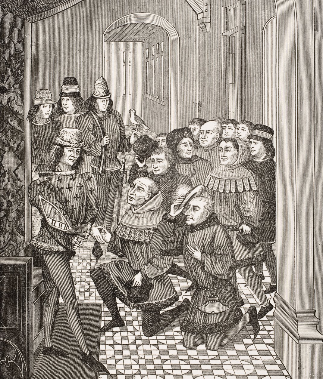 Diputados de los burgueses de Gante piden perdón a Luis II por su revuelta contra él en 1397, basado en una miniatura en un libro de Jean Froissart (c.1333-1404) de 