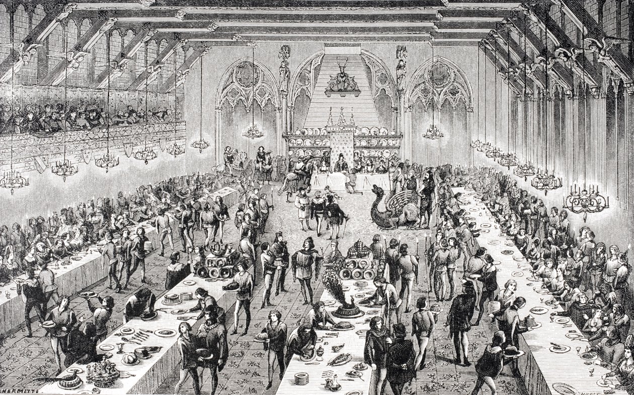 Banquete ceremonial en la corte francesa en el siglo XIV, de un grabado del siglo XIX en 