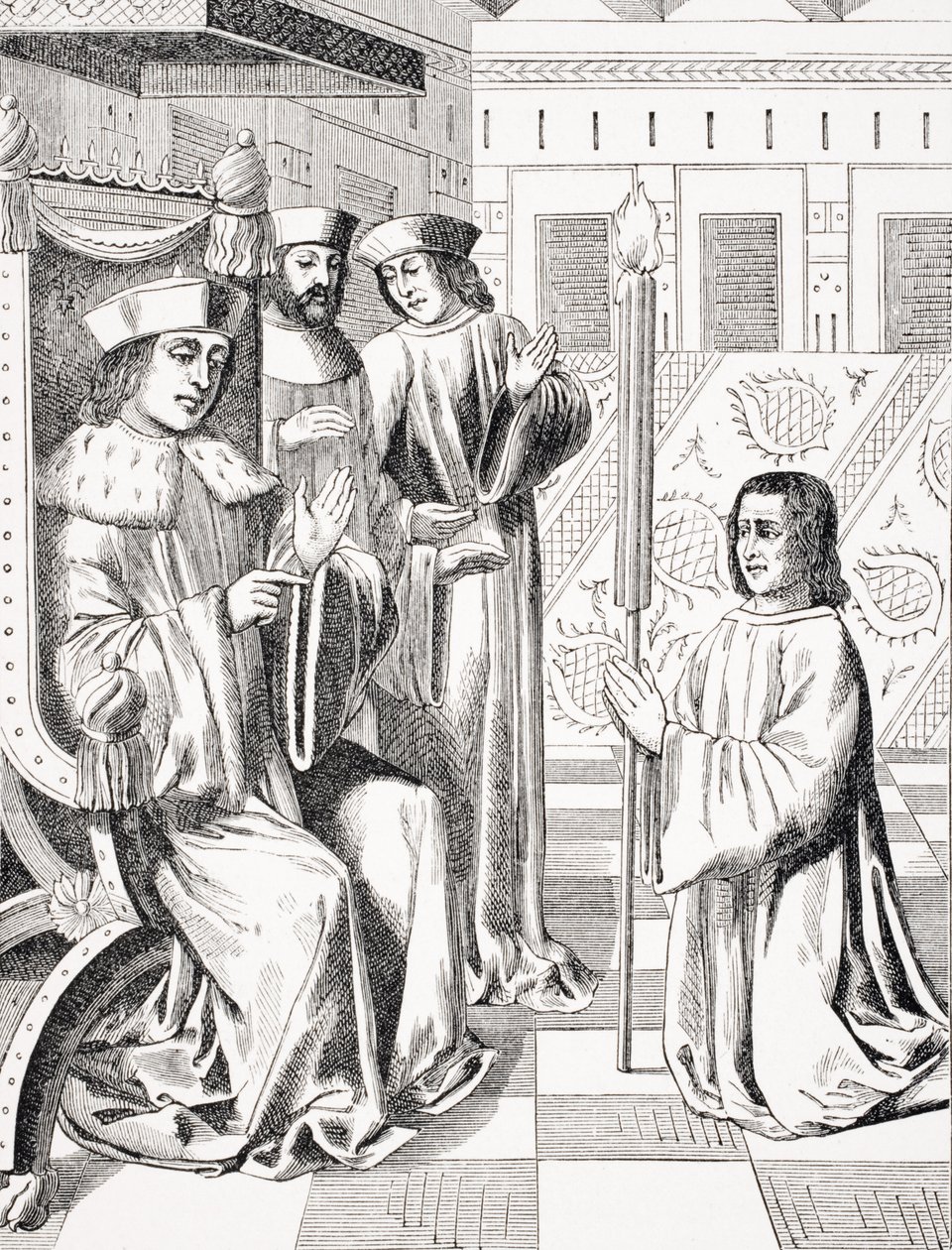 Jacques Coeur (c.1395-1456) rindiendo homenaje a Carlos VII (1403-66), copia de una miniatura del siglo XV en las 