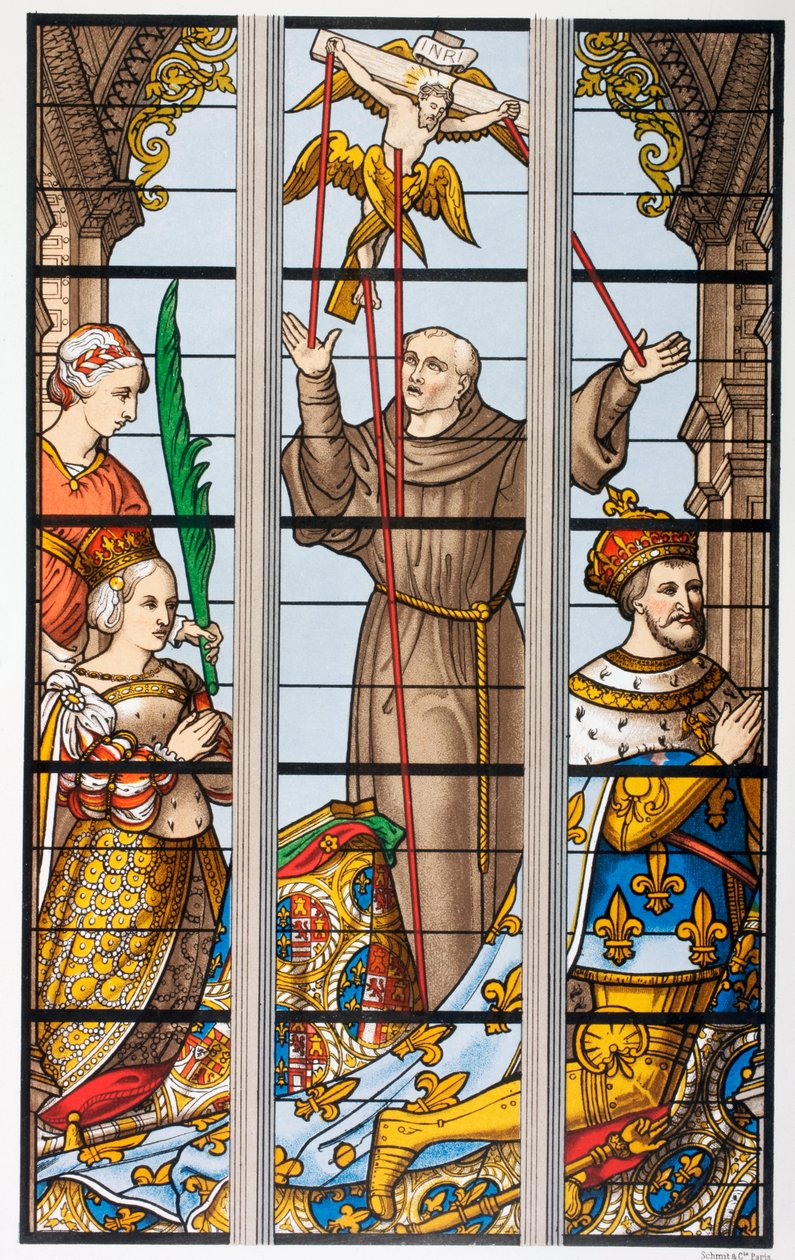 El rey Francisco de Francia y su esposa Eleonore rezando, de una vidriera del siglo XVI en la iglesia de Saint Gudule, Bruselas, de 