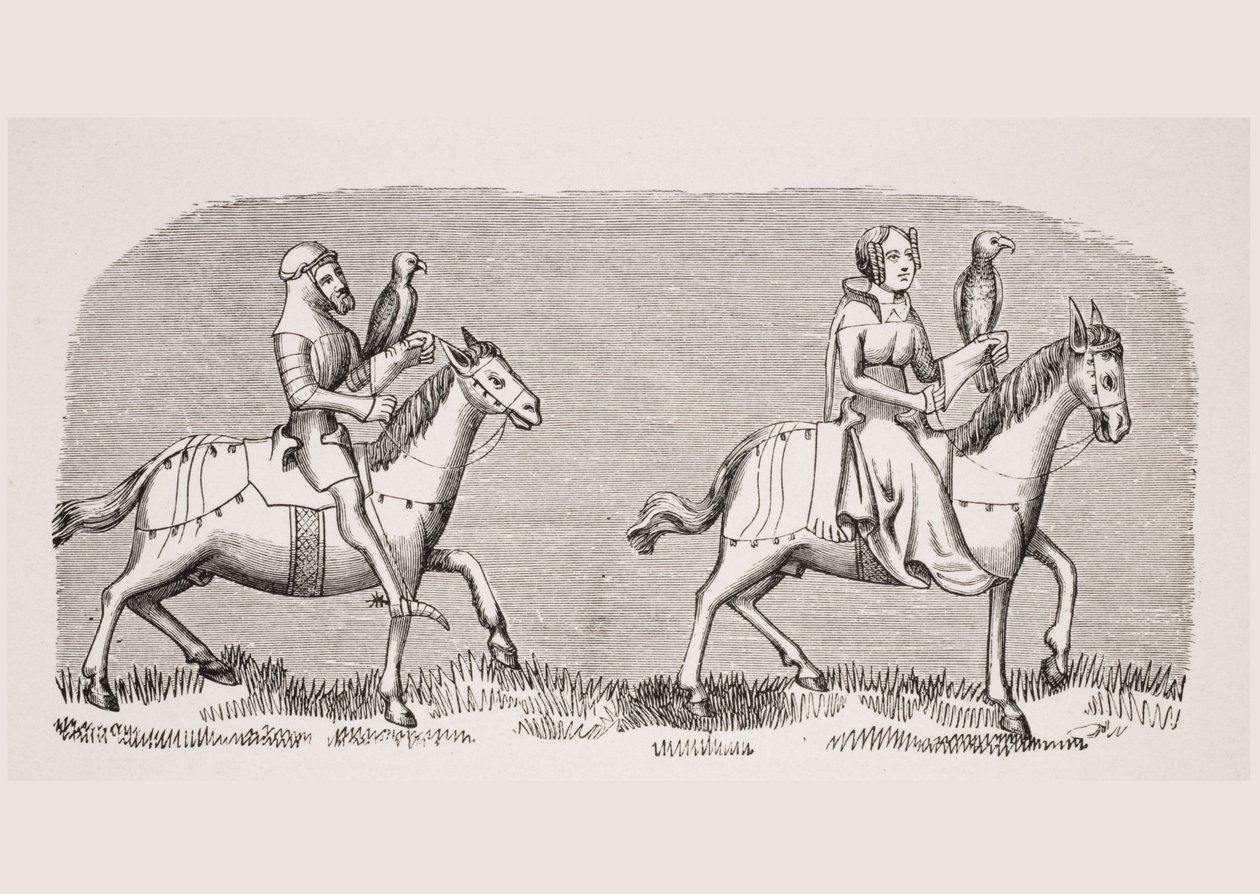 Dama saliendo de cetrería, reproducción de una miniatura en el manuscrito del siglo XIV 