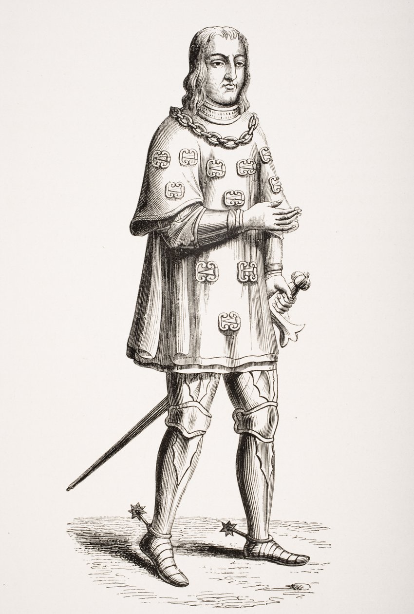Louis de Mallet (1448-1516) representado en 1487 con traje de guerra y torneo, después de un grabado del siglo XVI, de 