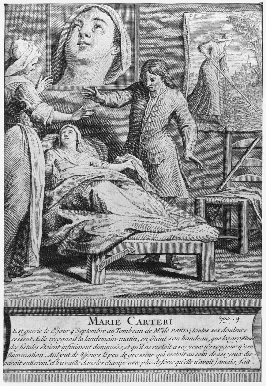 Curación milagrosa de una mujer ciega, Marie Carteri, en la tumba del diácono François de Paris en el cementerio parroquial Saint-Médard en París de French School