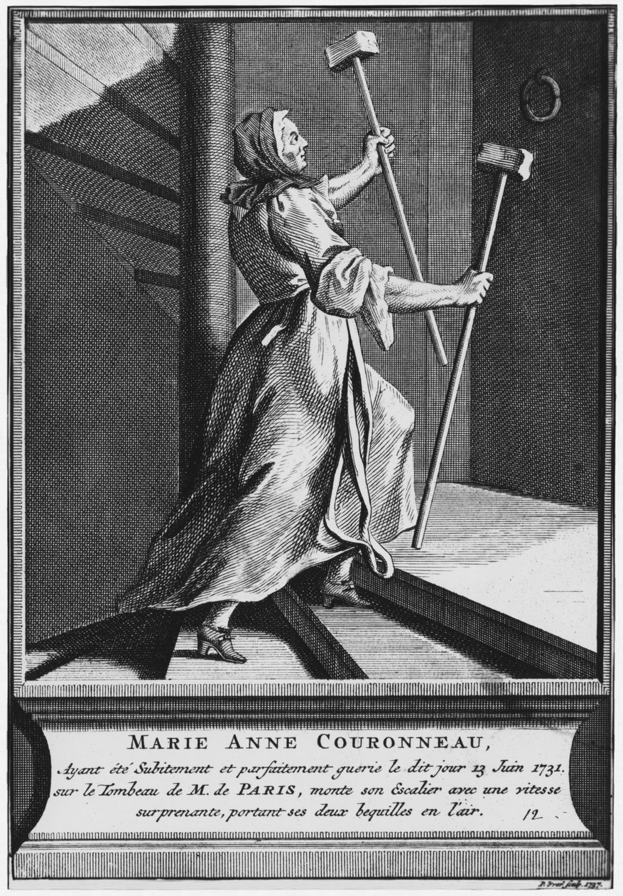 Curación milagrosa de un paralítico, Marie-Anne Couronneau, en la tumba del diácono François de Paris en el cementerio parroquial Saint-Médard en París, 13 de junio de 1731, grabado por Pieter Yver (1712-87) 1737 de French School