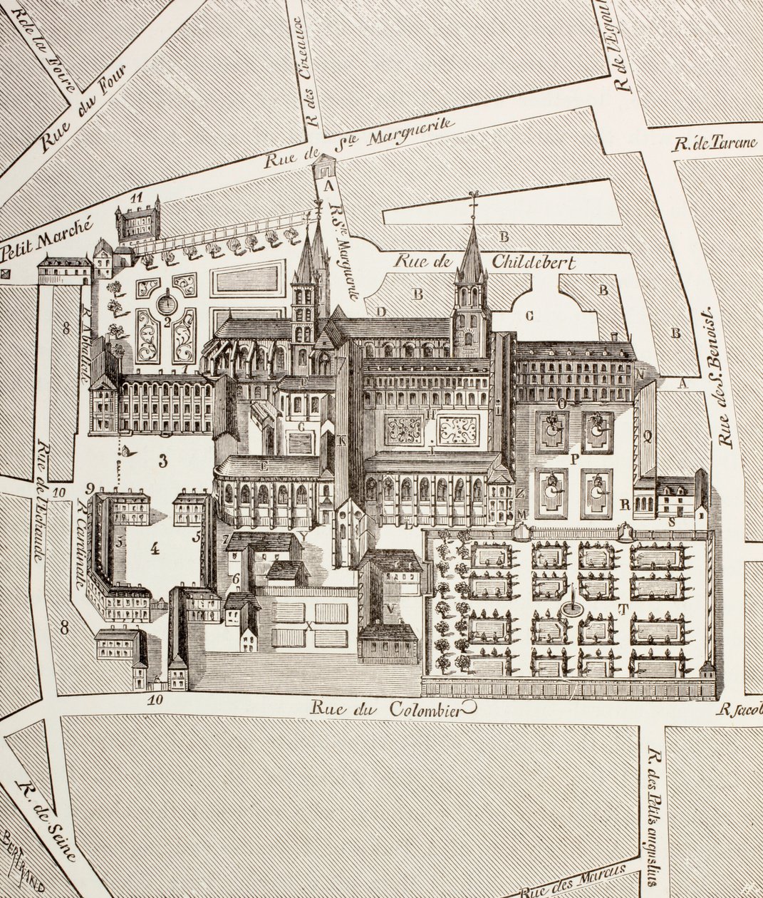 Vista norte de la Abadía Benedictina de St. Germain-des-Prés, París, como existía en el siglo XVII, de 
