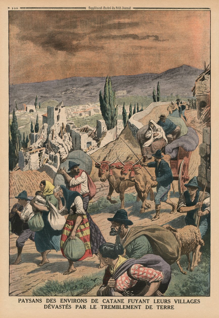 Campesinos de los alrededores de Catania huyendo de sus aldeas devastadas por el terremoto, ilustración de la contraportada de 