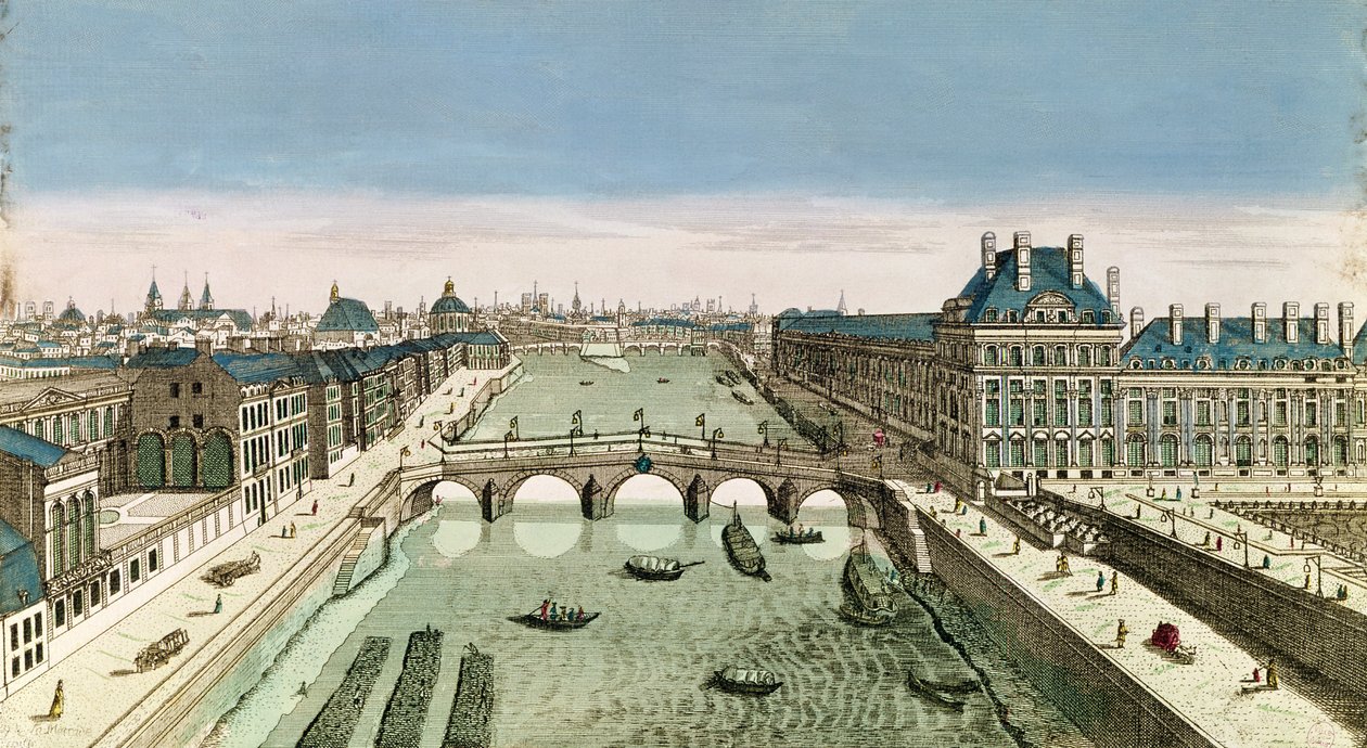 Vista en perspectiva de París desde el Pont Royal (grabado coloreado) de French School