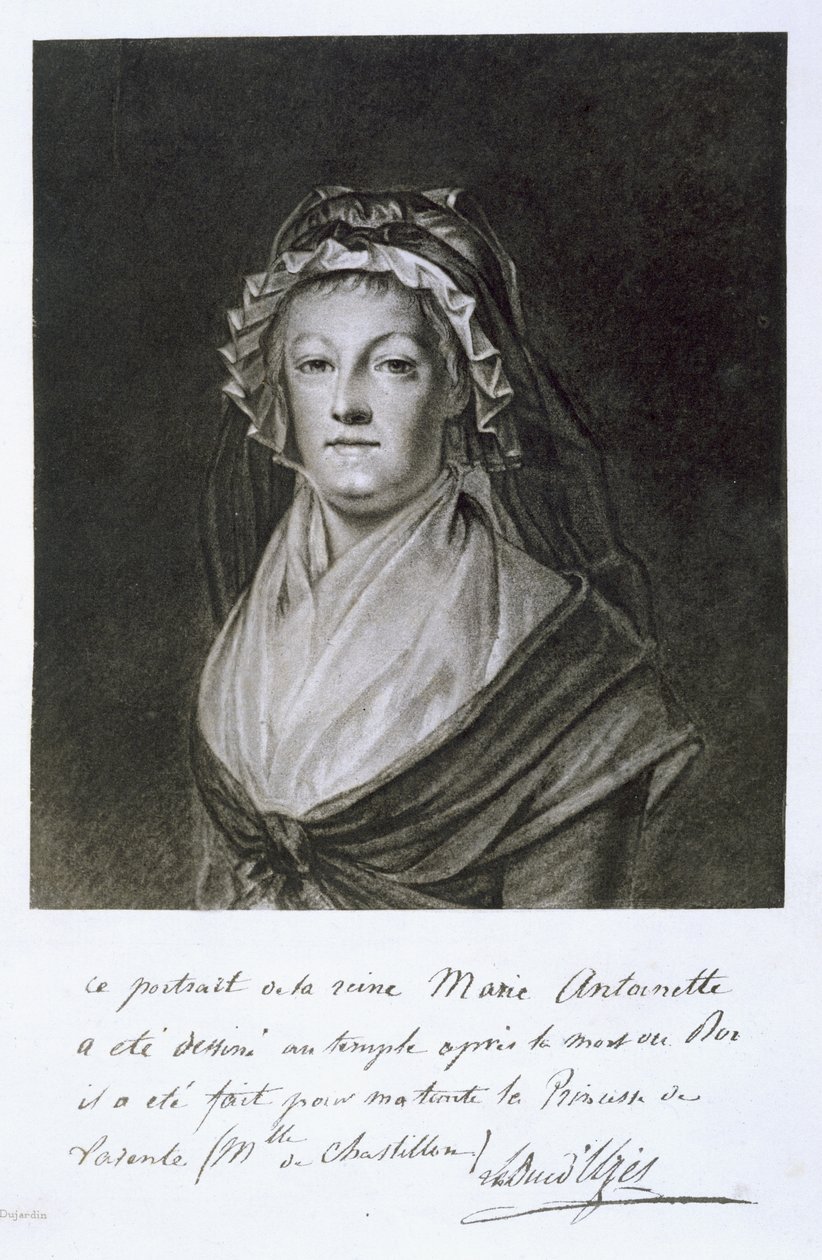 Retrato de María Antonieta en la prisión del Temple, grabado por Dujardin, de 