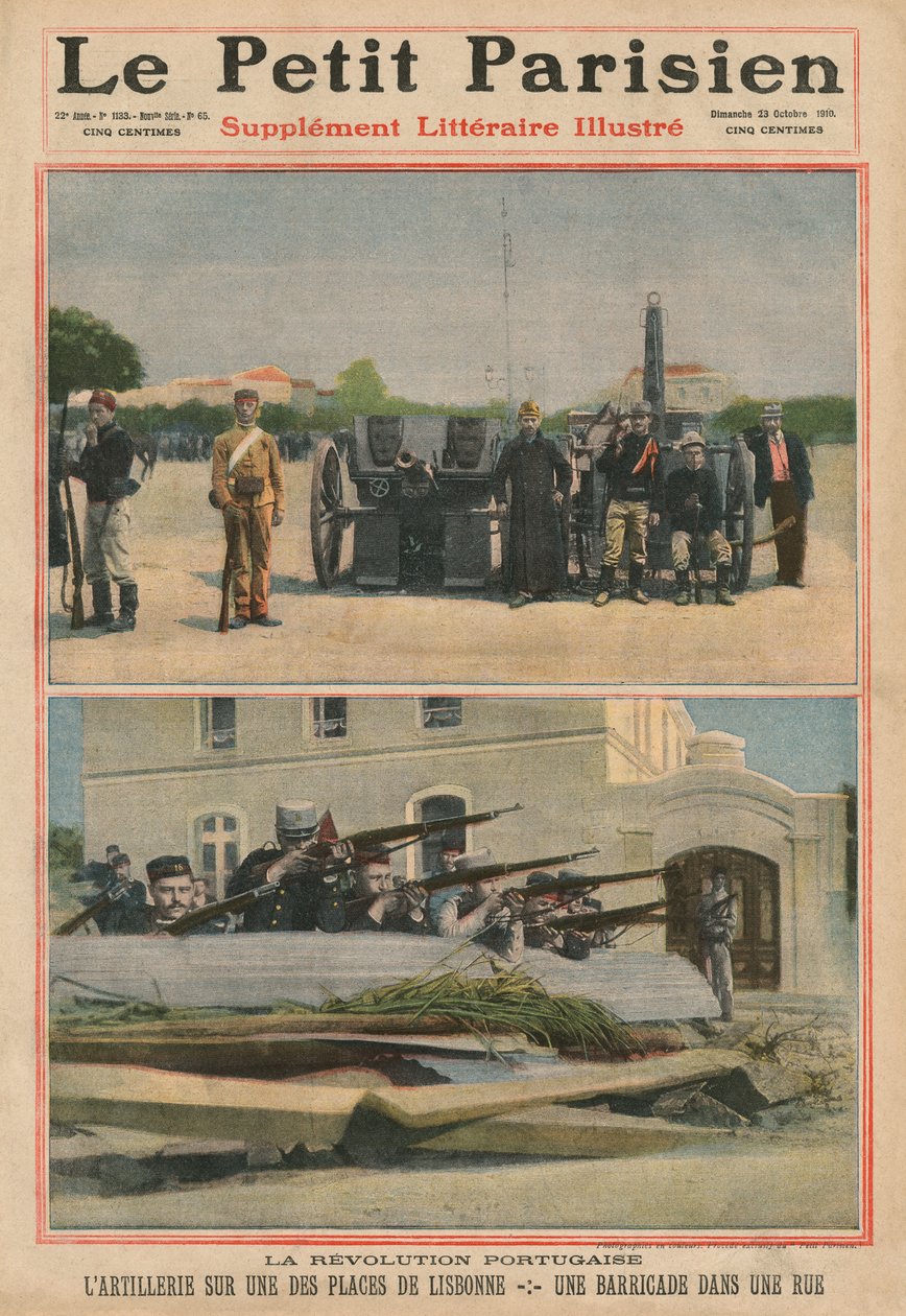 Revolución portuguesa, artillería en una plaza de Lisboa, una barricada en una calle, ilustración de portada de 