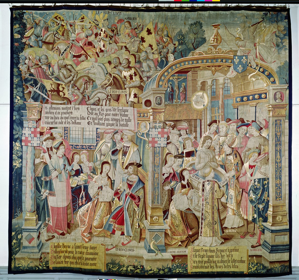 Escenas de la vida de San Remigio (d.533) obispo de Reims: la batalla de Tolbiac en 496: la conversión y bautismo de Clovis I (465-511), Rey de los Francos, 1531 de French School