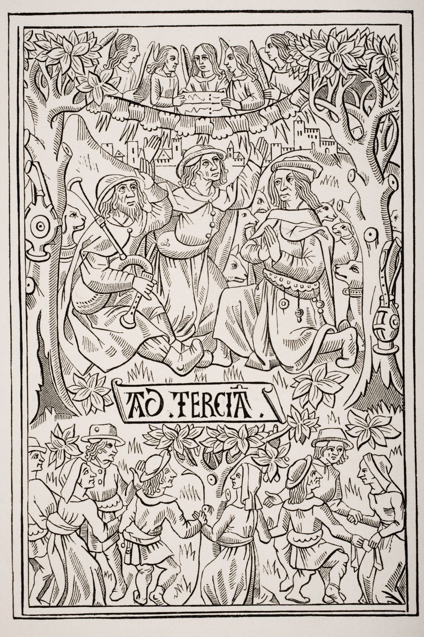 Pastores celebrando el nacimiento del Mesías con cantos y danzas, después de un grabado en madera del siglo XV de un Libro de Horas, de 