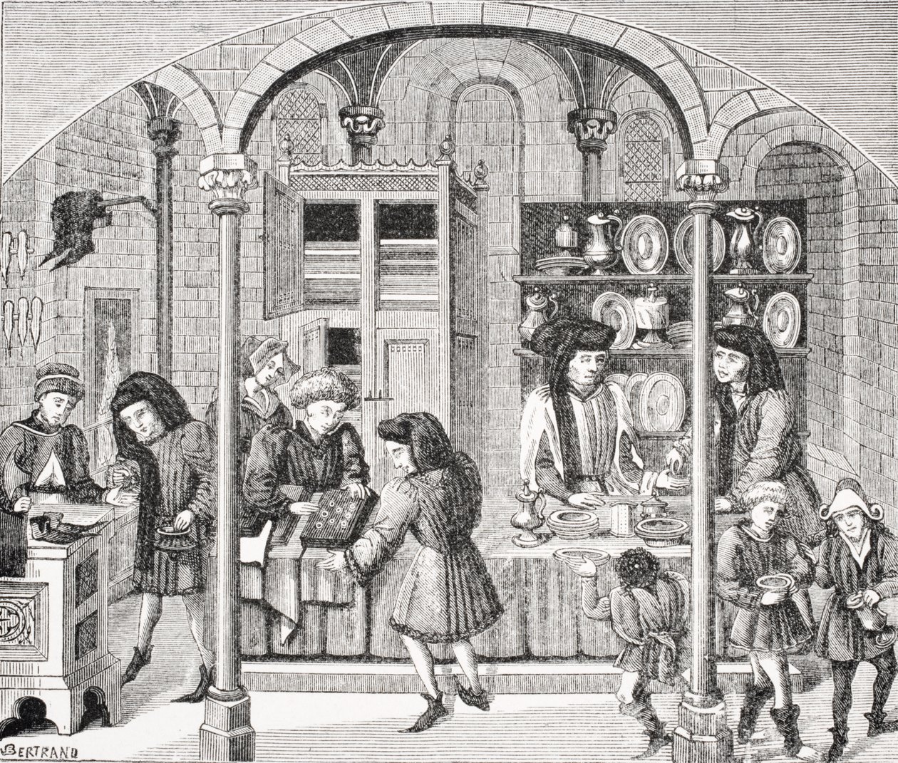 Tiendas bajo un mercado cubierto, después de una miniatura en una traducción del siglo XIV de 