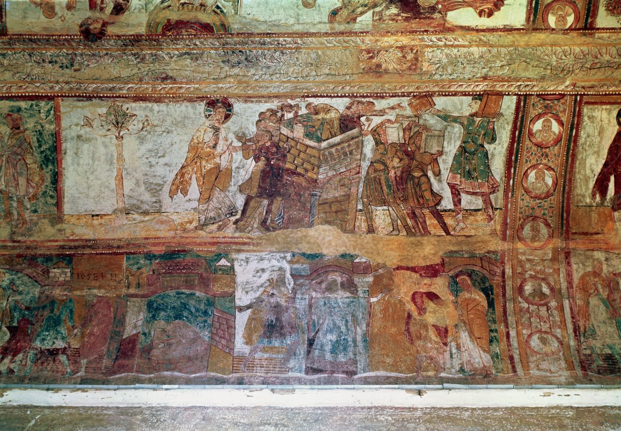 La construcción de la Torre de Babel (registro superior); El encuentro de José y la esposa de Potifar, y José siendo arrojado a prisión (registro inferior), de la bóveda de la nave, c.1100 de French School
