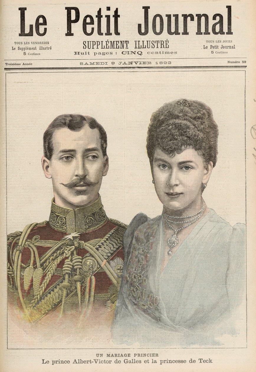 El Compromiso de Alberto Víctor (1864-92) Duque de Clarence, hijo mayor de Eduardo, Príncipe de Gales con Victoria María de Teck (1867-1953) de 