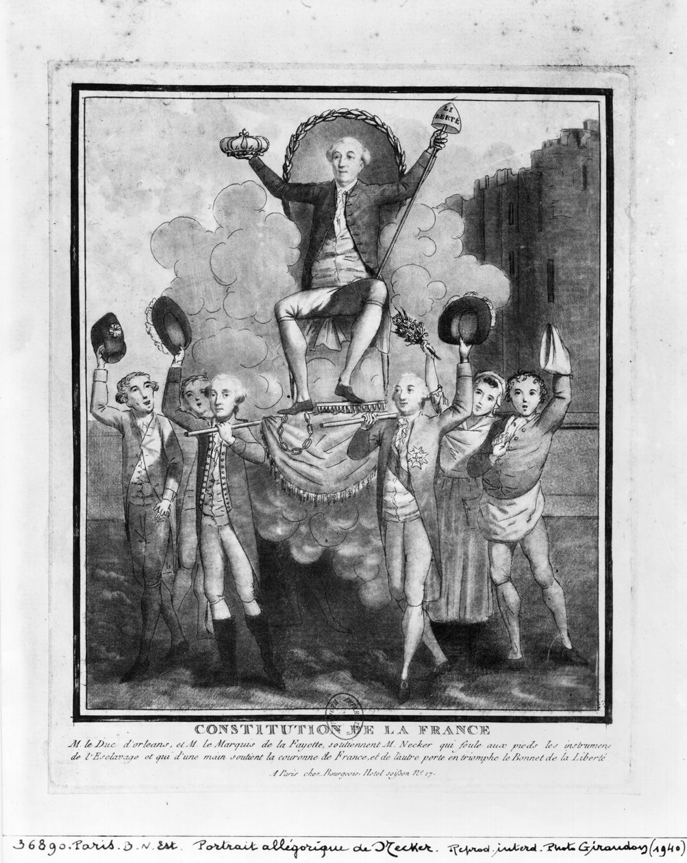 La Constitución Francesa: Retrato alegórico de Jacques Necker sostenido por Louis Philippe Joseph, Duque de Orleans y Marie Joseph, Marqués de La Fayette, 1789-99 de French School