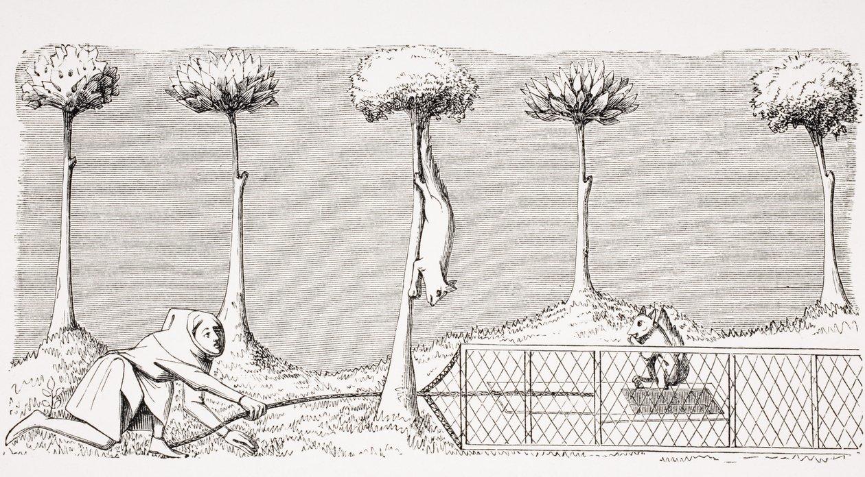 La forma de atrapar ardillas en el suelo en el bosque, después de una miniatura en el manuscrito del siglo XV de Phoebus, de 