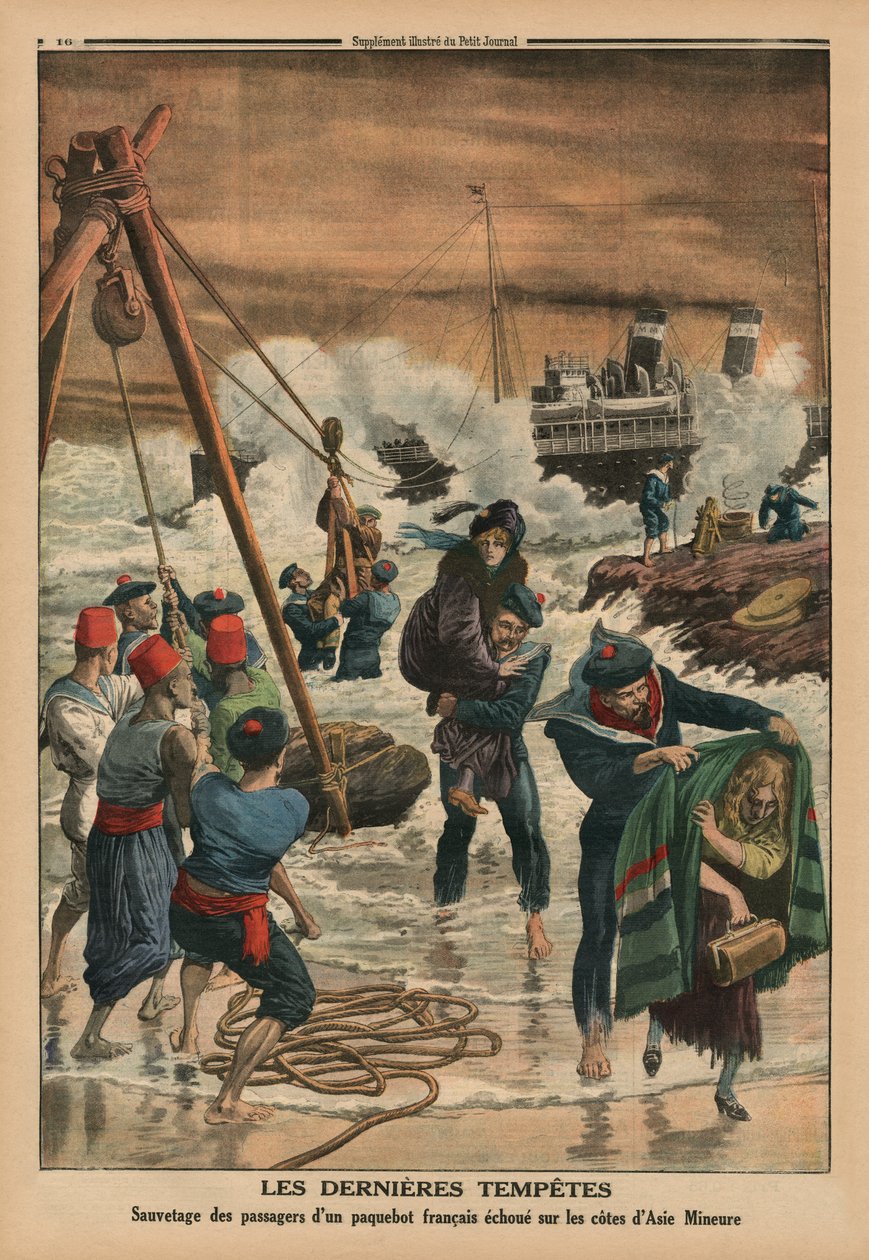 Las últimas tormentas marinas, rescatando a los pasajeros de un transatlántico francés en la costa de Asia Menor, ilustración de la contraportada de 