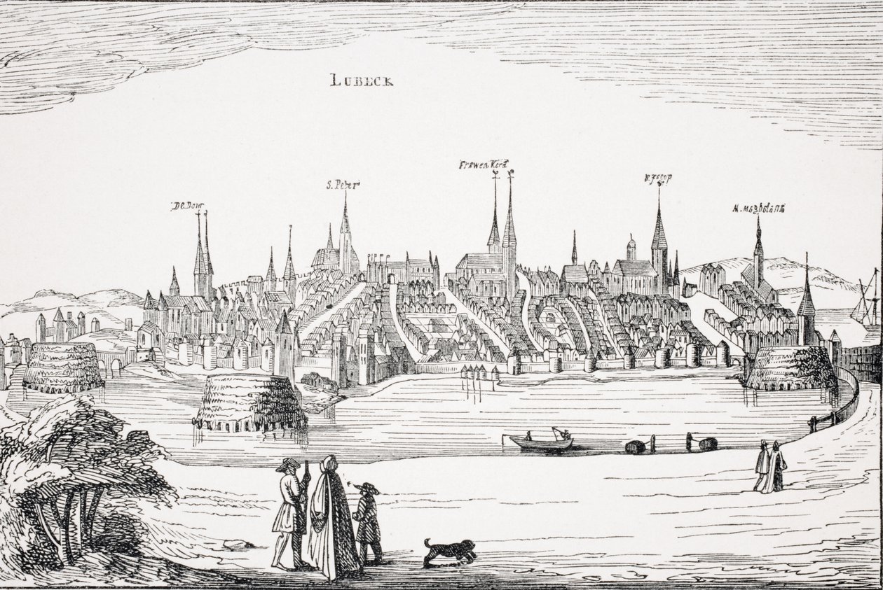Vista de Lübeck y su puerto en el siglo XVI, después de una placa de cobre en 