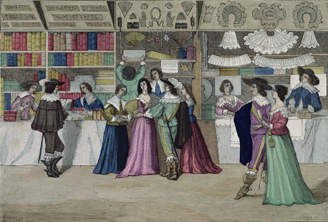 Tiendas en la Galería del Palais de Justice en la época de Luis XIII (1601-43) de 